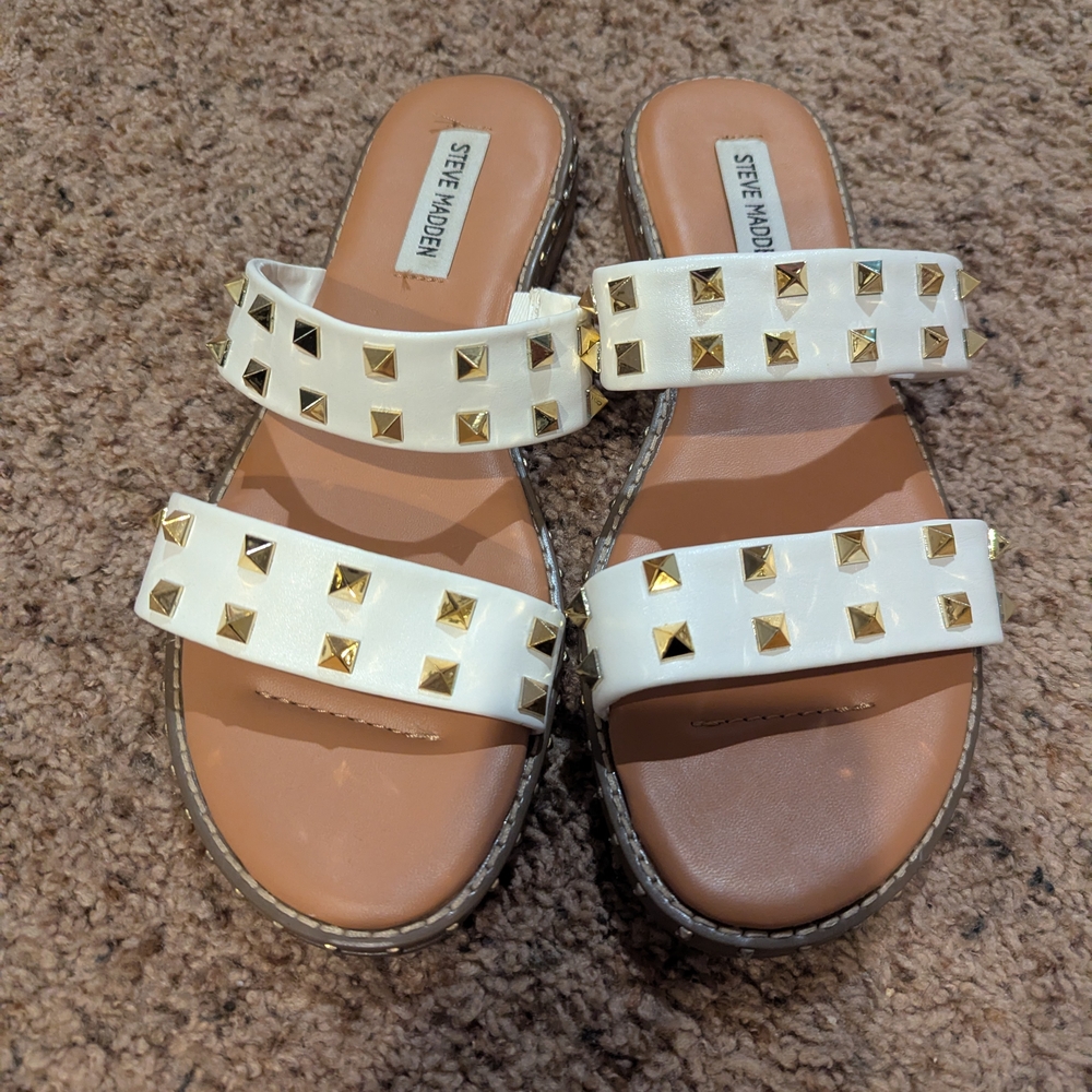 Steve Madden White and Gold Studded Sandals, Size 10